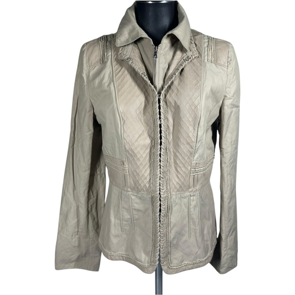 Elie Tahari Beige Jacket Blazer Lamb Leather & Silk Removeable Liner Medium